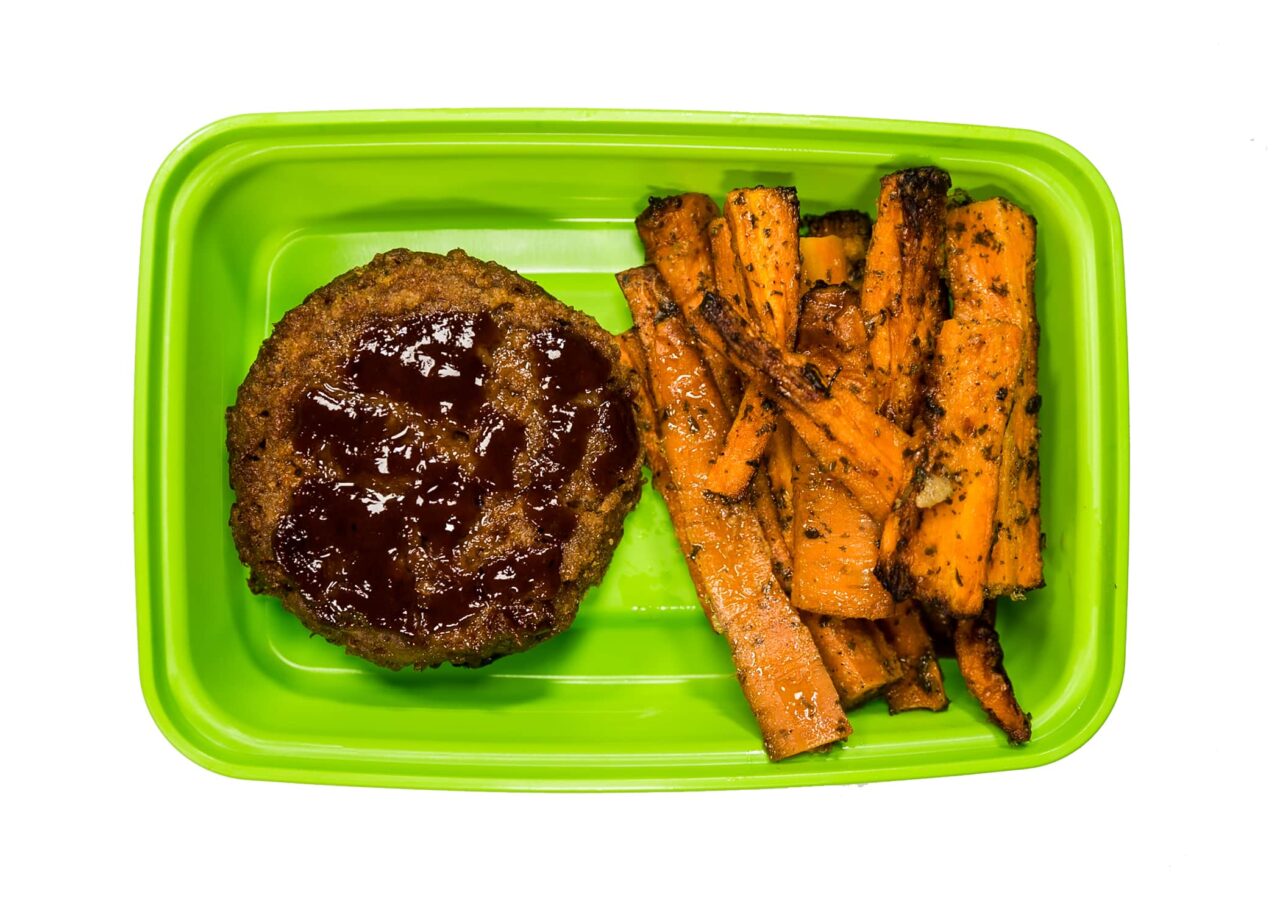 Close up image of back yard burger and carrot fries to convey the benefits of meal prep delivery McKinney TX